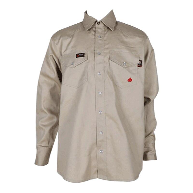 The ForgeFR Forge FR Solid Shirt MFRSLD-002 is a tan long-sleeve button-up shirt specifically designed as flame-resistant workwear. It includes two chest pockets and two small logo patches, all presented on a plain white background.