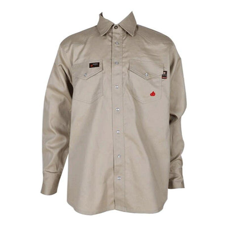 The ForgeFR Forge FR Solid Shirt MFRSLD-002 is a tan long-sleeve button-up shirt specifically designed as flame-resistant workwear. It includes two chest pockets and two small logo patches, all presented on a plain white background.