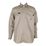 Introducing the ForgeFR Solid Shirt MFRSLD-002, a beige long-sleeve FR work shirt featuring a pointed collar and button-down front. It includes two chest pockets with button flaps, each adorned with small logos, making it an ideal choice for enhancing your flame-resistant clothing collection.