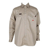 Introducing the ForgeFR Forge FR Solid Shirt MFRSLD-002, a beige long-sleeve button-up workwear shirt with a collar and two chest pockets. This flame-resistant shirt is designed for safety and style, featuring small logo patches above the pockets and snap button closures. Displayed on a white background, it highlights its practical yet fashionable design.