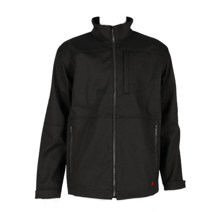 Introducing the ForgeFR Men's FR Ripstop Jacket MFRTJO10038, a black zip-up jacket designed with a high collar and long sleeves for lightweight comfort. This sleek piece features a chest pocket and two side pockets with zippers, all crafted from soft shell material. Set against a plain white background, it elegantly showcases its modern design.