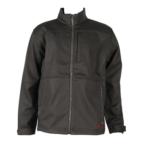 The ForgeFR Men's FR Ripstop Jacket MFRTJO10038 in dark green is showcased against a simple backdrop, featuring a high collar and multiple pockets. Its sleek design, complemented by visible stitching along the seams, offers lightweight comfort and complies with NFPA 2112 standards.