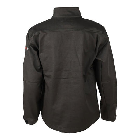 The image features the back view of the Forge FR Men's FR Ripstop Jacket MFRTJO10038 by ForgeFR, a dark green long-sleeve jacket. This NFPA 2112-compliant garment pairs lightweight comfort with a high collar and adjustable cuffs. Its durable, weather-resistant fabric includes a small logo on the left sleeve, offering both safety and style.