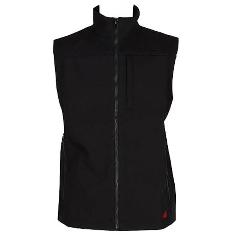 Presenting the ForgeFR Men's FR Ripstop Vest (Model MFRTVO10041) in black, this sleeveless garment sports a high collar and features a subtle red logo at the bottom. Designed with two side pockets and a vertical chest pocket, its sleek appearance is perfect for outdoor activities or casual wear. It meets ASTM F1506 safety standards.