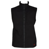 Introducing the ForgeFR Men's FR Ripstop Vest MFRTVO10041, a sleek black sleeveless vest with a front zipper and high collar. Designed to meet ASTM F1506 standards, this vest features two side pockets and a vertical chest pocket. Its black zipper aligns perfectly with the design, while a small red logo adorns the bottom corner for an added touch of style.