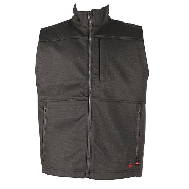 Introducing the ForgeFR Forge FR Men's FR Ripstop Vest MFRTVO10041 in dark gray, featuring a front zipper, a high collar, and two zippered side pockets. Adorned with a subtle logo on the bottom right corner, this vest meets ASTM F1506 and NFPA 70E PPE standards, ensuring both safety and durability.