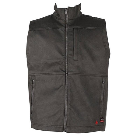 Introducing the ForgeFR Men's FR Ripstop Vest MFRTVO10041 in dark gray, featuring a high collar, two side pockets for convenience, and a vertical chest pocket. Adorned with a small red logo near the bottom hem, this vest combines style and safety by meeting NFPA 70E PPE standards and complying with ASTM F1506.