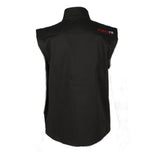 The back view of the Forge FR Men's FR Ripstop Vest MFRTVO10041 features a black sleeveless design with "FORGE" in red and "FR" in white on the upper left shoulder. This high-collar vest, designed by ForgeFR, meets ASTM F1506 standards.