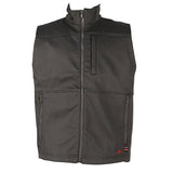 The ForgeFR Men's FR Ripstop Vest MFRTVO10041 is a dark gray vest with a high collar and a full-length zipper. It includes two zippered side pockets, a vertical chest pocket, and displays a small red logo near the bottom hem on the right side. This vest is compliant with NFPA 70E PPE standards.