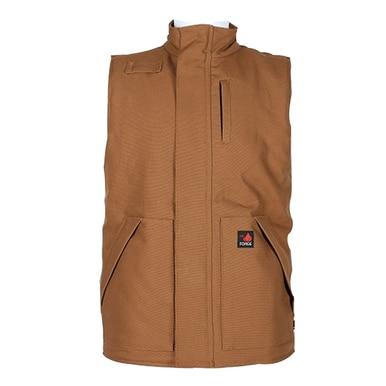 The ForgeFR Forge FR Canvas Duck Vest MFRVST-001 is a brown, sleeveless vest featuring a front zipper, high collar, and multiple pockets. It meets NFPA2112 standards and includes a small black and red logo tag on the front pocket.