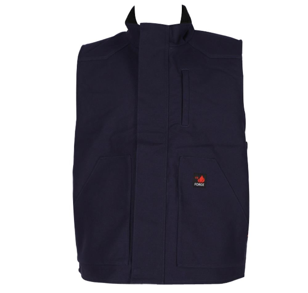 A ForgeFR Canvas Duck Vest MFRVST-001 in navy blue, meeting NFPA2112 standards and offering an ATPV of 24 cal/cm², features multiple pockets and a high collar. The small "FORGE" logo with a flame icon stands out against the plain white backdrop.