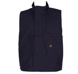 This dark blue, sleeveless protective vest from ForgeFR is made from FR Canvas and has an ATPV rating of 24 cal/cm². It features multiple front pockets and a small logo with a flame icon and the word "FORGE" on the lower right pocket, ensuring compliance with NFPA2112 standards.