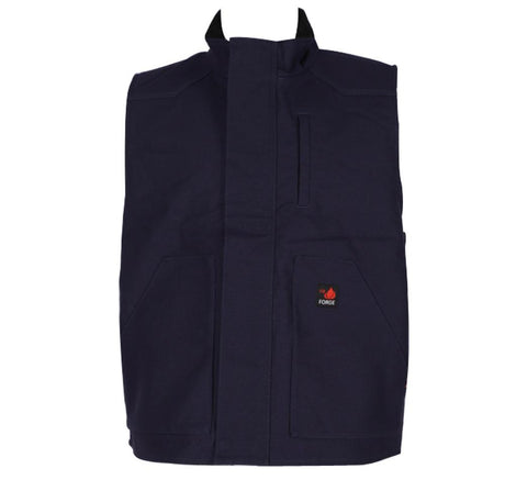 Introducing the ForgeFR Forge FR Canvas Duck Vest MFRVST-001, a stylish dark blue vest designed for optimal protection and durability. This vest features a high collar, two spacious front pockets, and a subtle flame logo on the front. It is NFPA 2112 compliant with an ATPV rating of 24 cal/cm², ensuring reliable sturdiness and safety.