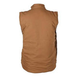 The ForgeFR Canvas Duck Vest MFRVST-001 is a sleeveless vest in brown, seen from the back with a high collar and minimalist design, made from soft fabric.