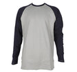 The ForgeFR Men's FR Baseball Tee, model MLFRBBT0021, combines a light gray body with black sleeves in a long-sleeve raglan design. Its simple and casual style is perfect for everyday use while ensuring safety with an ATPV rating of 11 cal/cm².