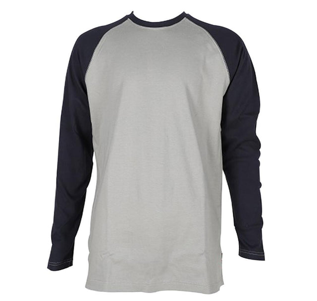 The ForgeFR Men's FR Baseball Tee, model MLFRBBT0021, combines a light gray body with black sleeves in a long-sleeve raglan design. Its simple and casual style is perfect for everyday use while ensuring safety with an ATPV rating of 11 cal/cm².