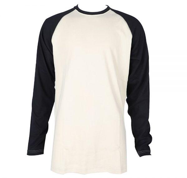 The ForgeFR Men's FR Baseball Tee MLFRBBT0021 showcases a timeless design with a white body and black raglan sleeves, beautifully displayed on a mannequin against a simple background. With an ATPV safety rating of 11 cal/cm², it offers both style and protection for any occasion.