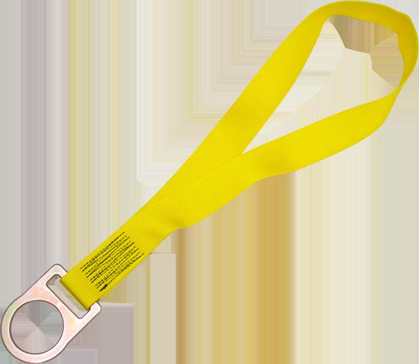 The French Creek Reusable Choker Tie-Off Adaptor, produced by French Creek Production, is a yellow nylon strap with a metal ring on one end, designed for attaching to lifting or safety equipment. It is perfect for fall protection and features black text that likely indicates specifications or safety instructions.