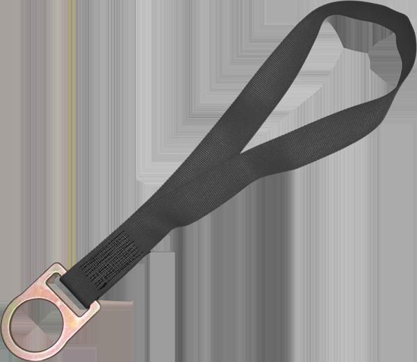 The French Creek 1100 Hot Work Kevlar Tie-Off Adaptor by French Creek Production is a looped black strap equipped with a metal ring at one end, perfect for fastening or securing objects. This robust and durable strap offers fall protection capabilities, making it an ideal choice for those requiring dependable tie-off anchors during demanding tasks.