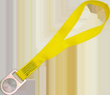 This yellow tow strap is expertly designed for vehicle recovery or towing purposes, featuring a metal ring on one end. Its durability and strength make it as reliable as the French Creek Reusable Choker Tie-Off Adaptor by French Creek Production in demanding environments.