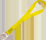 The French Creek Reusable Choker Tie-Off Adaptor, produced by French Creek Production, is a durable yellow industrial lanyard featuring a silver metallic loop at one end. Designed for safety or rigging purposes, it is ideal for fall protection and ensures secure lifting and securing.