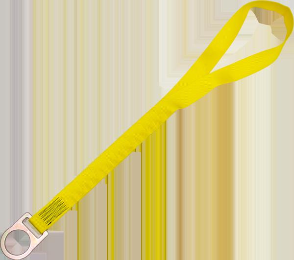 The French Creek Reusable Choker Tie-Off Adaptor by French Creek Production is a vibrant yellow safety strap, designed with a metal ring on one end and a loop on the other, making it ideal for secure attachment in fall protection scenarios.