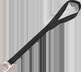 A French Creek Production 1100 Hot Work Kevlar Tie-Off Adaptor, featuring a black Kevlar strap with a metal ring on one end and a loop on the other, serves as a robust anchor against a plain background.