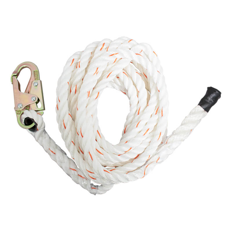 A French Creek Polyblend Synthetic Rope Lifeline 121-1S-25, crafted by French Creek Production, is coiled with a white polyblend synthetic material featuring orange flecks and includes a locking snaphook at one end. The other end is secured with black tape. This rope complies with ANSI Z359.1 standards and is displayed neatly on a plain background.