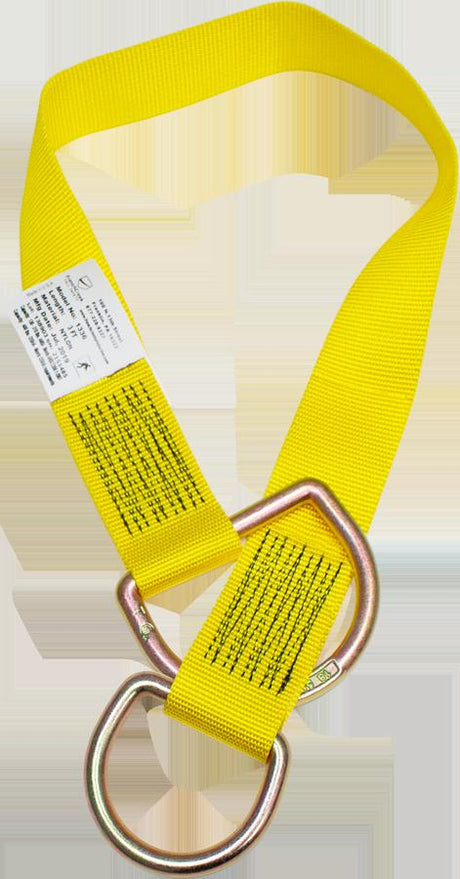 The French Creek Production 1300 Web Tie-Off Adaptor is a yellow safety strap equipped with a metal D-ring and O-ring, specifically designed for fall protection. It includes a label with black text sewn into the strap, ensuring reliability.