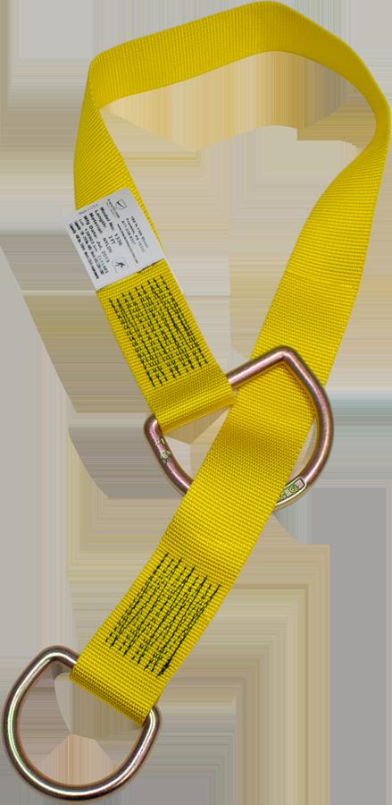 The French Creek 1300 Web Tie-Off Adaptor, from French Creek Production, is a yellow safety lanyard equipped with two metal D-rings and attached information tags for comprehensive fall protection.