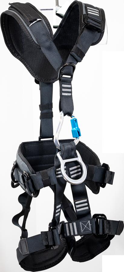 A French Creek Production Navigator harness, model 22030BHAP-BLK in black, featuring adjustable straps, an aluminum waist D-ring, a metal hook, and air-mesh padding is displayed against a white backdrop.