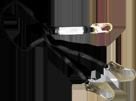 The French Creek Stratos 6' Dual Web Pack-Style Shock Absorbing Lanyard from French Creek Production is a black safety lanyard featuring twin legs, two metal snap hooks, and a shock absorber. This fall protection lanyard boasts durable construction with golden-colored clips for secure attachment.