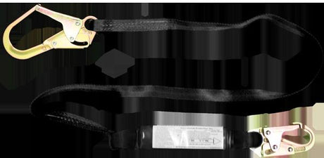 A French Creek STRATOS 6' Web Pack-Style Shock Absorbing Lanyard, in black with gold-colored hooks on each end, is displayed against a white backdrop. The fall protection hooks feature spring-loaded safety latches. A label on one section of the lanyard showcases its shock-absorbing capabilities.