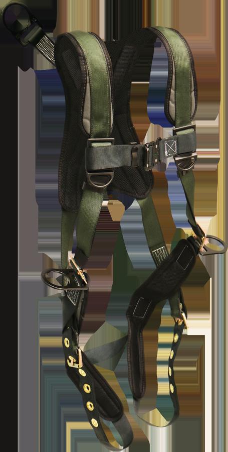 The French Creek Production STRATOS Harness, featuring Hip D-Rings, a D-Ring Extension, and Tongue Buckles, offers safety and secure attachment with its adjustable green and black straps and metal components. Its comfort back/shoulder pad enhances wearability, making it an ideal choice against a plain background.