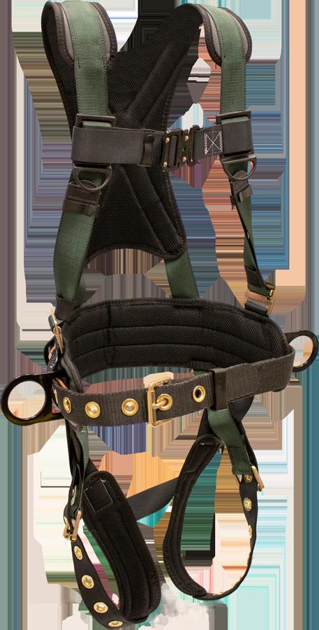 The French Creek STRATOS Harness, model 22850B, is a black and green crossover harness featuring adjustable straps, hip D-rings, loops, and tongue buckles for optimal fall protection. Manufactured by French Creek Production in the USA, it comes with padded supports to ensure both comfort and durability.