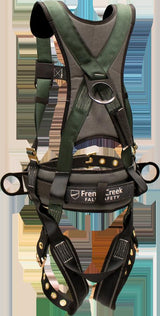 A detailed view of the French Creek STRATOS Harness with adjustable straps and metal buckles, prominently labeled "French Creek Production." This fall protection equipment is primarily black and dark green, crafted for occupational safety. Proudly made in the USA.