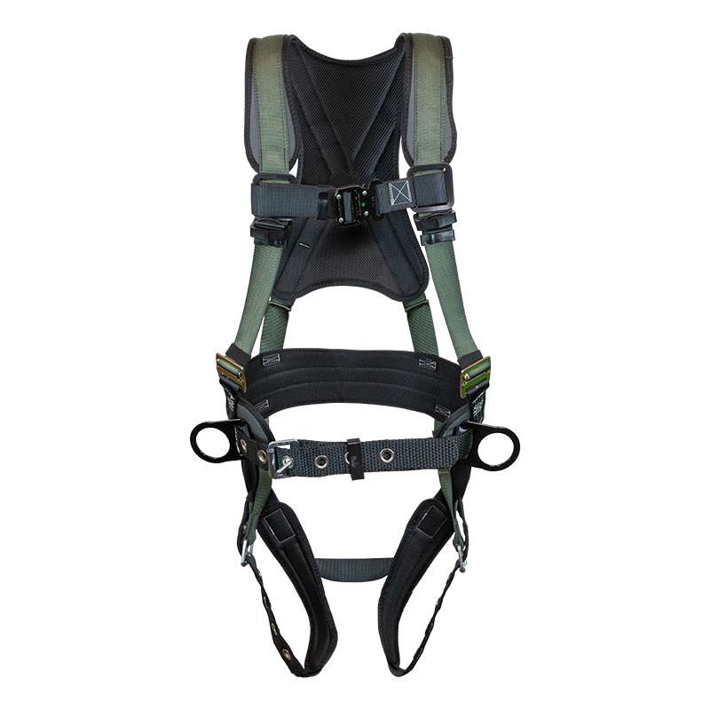 The French Creek STRATOS Construction Harness 22850B by French Creek Production is a black and green harness featuring adjustable straps and metal buckles, designed for secure fastening during high-altitude work. It includes Strato-lite padding for comfort, complies with OSHA and ANSI standards, and offers multiple attachment points for safety gear.