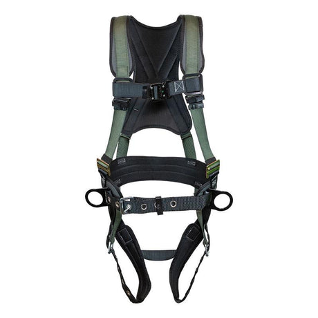 The French Creek STRATOS Construction Harness 22850B by French Creek Production is a black and green harness featuring adjustable straps and metal buckles, designed for secure fastening during high-altitude work. It includes Strato-lite padding for comfort, complies with OSHA and ANSI standards, and offers multiple attachment points for safety gear.