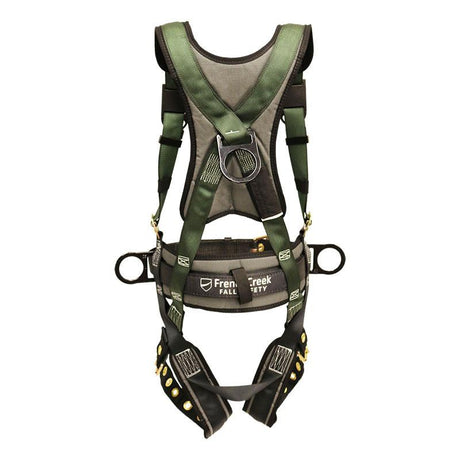 The French Creek Production STRATOS Construction Harness 22850B is showcased against a white background. This green and black harness, equipped with adjustable straps and metal buckles, features Strato-lite padding around the shoulder and waist areas. It meets OSHA and ANSI standards for fall protection, ensuring both comfort and safety.