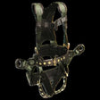 The French Creek Production Stratos Series Harness 22850BH-ALT in black and dark green is equipped with adjustable straps, metal rings, and buckles for secure attachment. This professional full body harness features padded sections to ensure safety and comfort, making it ideal for climbing or construction work.