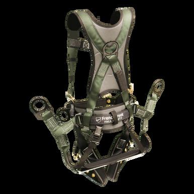 The French Creek Production Stratos Series Harness 22850BH-ALT combines safety and comfort with its green design, featuring multiple buckles and straps for fall protection. This professional full body harness includes a padded back support and loops for attaching equipment, prominently showcasing the "French Creek Falls" label.