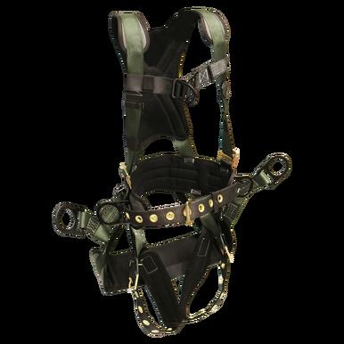 The French Creek Production Stratos Series Harness 22850BH-ALT features black and green straps, multiple buckles, and loops for secure fastening. This professional full body harness is designed for personal fall protection in construction or climbing, ensuring both safety and comfort.