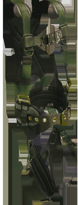 The French Creek STRATOS 6 Pt Harness, Bayonet 22870 by French Creek Production is a military-style crossover harness crafted from green fabric. It includes multiple adjustable straps, metal buckles, and reinforced stitching. This harness features padded shoulder straps and a waist belt for added support and security and is designed to comply with ANSI Z359.1 standards.