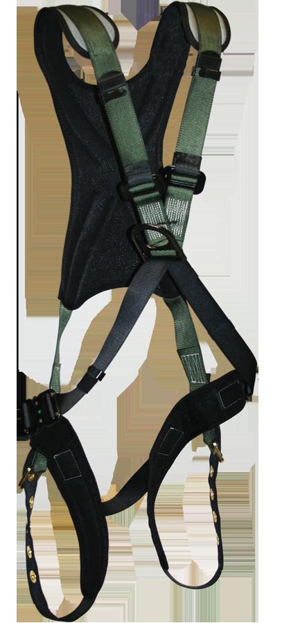 Introducing the French Creek STRATOS Crossover Harness, Tongue 22950 by French Creek Production. This full-body harness features adjustable black and green straps, metal buckles, and padded leg loops. Proudly made in the USA, it provides exceptional fall protection for high-altitude work or climbing activities.