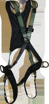 The French Creek STRATOS Crossover Harness w/Hip D-Rings, Tongue 22950B by French Creek Production is a full-body climbing harness featuring adjustable straps and metal loops for optimal fall protection. Made in the USA, it combines sleek black and dark green materials with padding for comfort and secure buckles.