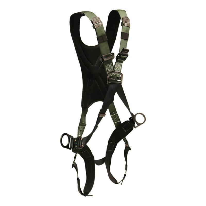 The French Creek Production STRATOS Crossover Harness with Hip D-Rings and Bayonet model 22970B is a black and green full body harness designed for climbing or construction. It provides fall protection through its adjustable straps, buckles, and rings for secure fastening. Made in the USA, it is displayed against a plain white background.