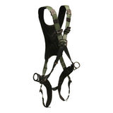 The French Creek STRATOS Crossover Harness, model 22970B by French Creek Production, is a black and olive green full-body harness made in the USA. It features adjustable straps and metal buckles designed for fall protection. The harness includes padded shoulder straps and leg loops with hip D-rings on each side for secure attachment.