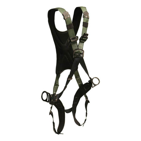 The French Creek STRATOS Crossover Harness with hip D-rings and bayonet buckles by French Creek Production is a black and green full-body harness featuring adjustable straps and metal buckles. Designed for secure attachment, it includes padded shoulder areas and sturdy loops for anchoring, providing essential fall protection during climbing or construction activities. Made in the USA to ensure quality assurance.