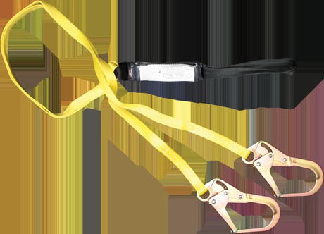 The French Creek Production Dual Pack-Style Choker Shock Absorbing Lanyard is a yellow strap with metal hooks and a black handle, designed to provide enhanced fall protection when securing climbing equipment to trees.