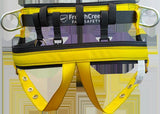 Introducing the French Creek Arborist Belt Tree Saddle, product 4052, by French Creek Production. This yellow and black belt features metal rings and adjustable straps with hip-positioning dee rings. It's designed for professionals to ensure secure and comfortable tree work with its 3-inch body pad.